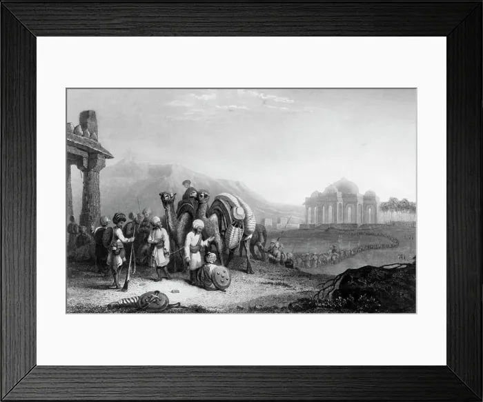 Framed Print : Scene in Katteawar. - Travellers & Escort, 1845. Creator: Samuel Prout. Scene in Katteawar. - Travellers & Escort, 1845. Creator: Samuel Prout