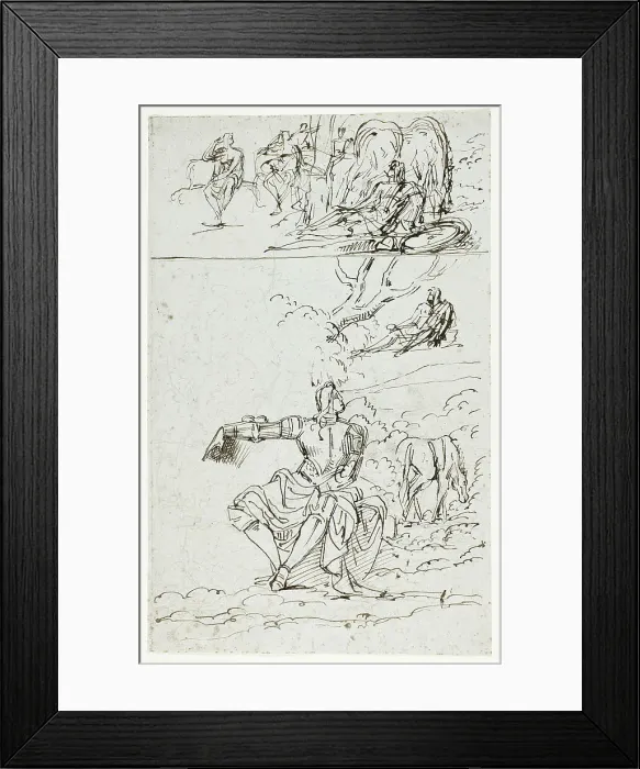 Framed Print : Study Sheet with Seated Knight (recto); Standing Male Figure in Medieval Dress (verso), n.d. Creator: Unknown Framed Print : Study Sheet with Seated Knight (recto); Standing Male Figure in Medieval Dress (verso), n.d. Creator: Unknown