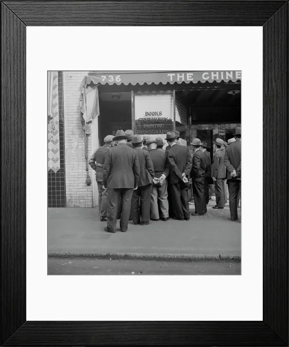 Framed Print : In front of the local paper of San Francisco's Chinatown, 1938. Creator: Dorothea Lange Framed Print : In front of the local paper of San Francisco's Chinatown, 1938. Creator: Dorothea Lange