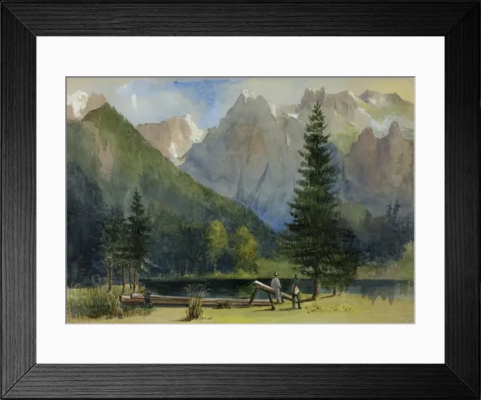 Framed Print : Two Men by Pond below Alps, 1800-1899. Creator: Unknown Framed Print : Two Men by Pond below Alps, 1800-1899. Creator: Unknown