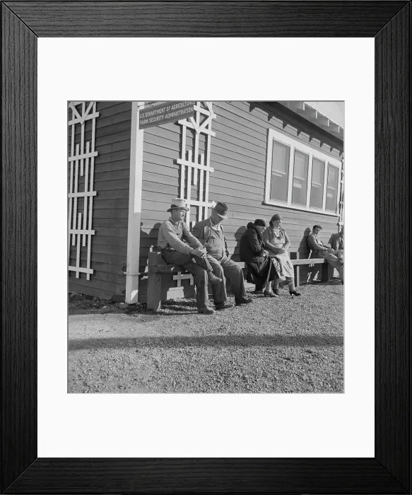 Framed Print : Lineup outside of Farm Security Administration grant office early in the morning, Tulare, CA, 1938. Creator: Dorothea Lange Framed Print : Lineup outside of Farm Security Administration grant office early in the morning, Tulare, CA, 1938. Creator: Dorothea Lange