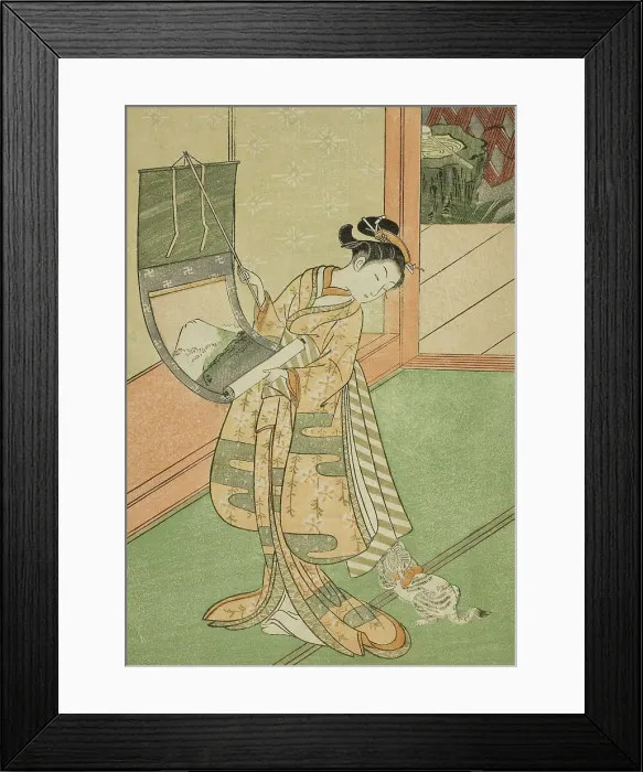 Framed Print : Hanging a Painting (parody of the Third Princess), c. 1767. Creator: Suzuki Harunobu