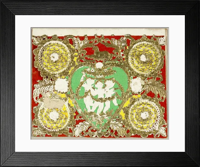 Framed Print : Untitled Valentine (Three Putti in Green Heart), 1860 / 69. Creator: Unknown Framed Print : Untitled Valentine (Three Putti in Green Heart), 1860 / 69. Creator: Unknown