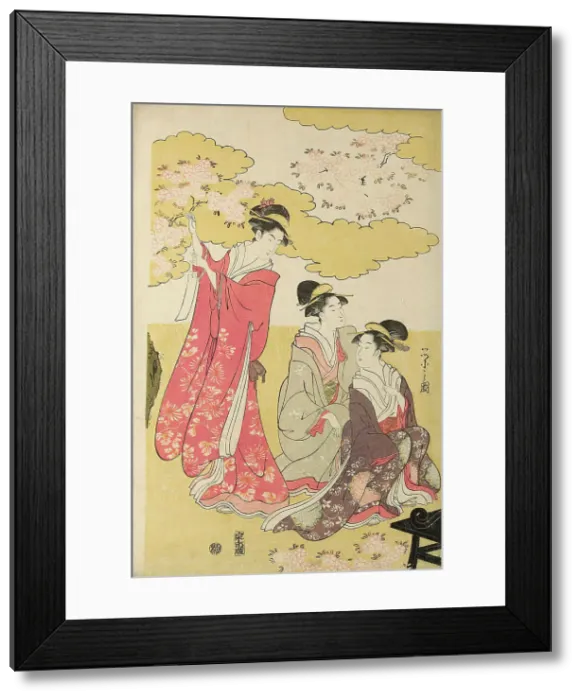 Framed Print : Noble woman in a carriage viewing cherry blossoms, c. 1796. Creator: Hosoda Eishi Framed Print : Noble woman in a carriage viewing cherry blossoms, c. 1796. Creator: Hosoda Eishi