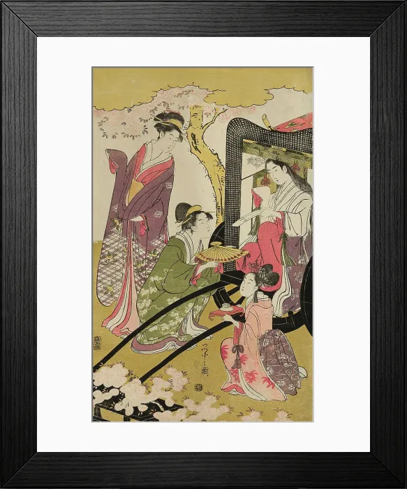 Framed Print : Noble woman in a carriage viewing cherry blossoms, c. 1796. Creator: Hosoda Eishi Framed Print : Noble woman in a carriage viewing cherry blossoms, c. 1796. Creator: Hosoda Eishi