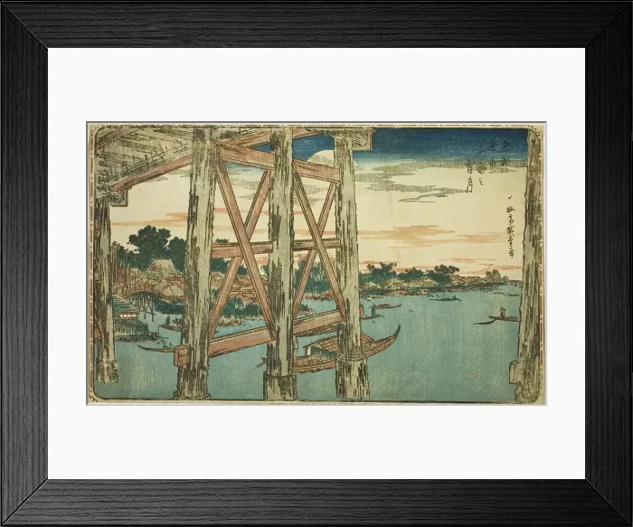 Framed Print : Twilight Moon at the Ryogoku Bridge (Ryogoku no yoizuki), from the series Famous Views... c. 1831. Creator: Ando Hiroshige. Twilight Moon at the Ryogoku Bridge (Ryogoku no yoizuki), from the series Famous Views... c. 1831 Framed Print : Twilight Moon at the Ryogoku Bridge (Ryogoku no yoizuki), from the series Famous Views... c. 1831. Creator: Ando Hiroshige. Twilight Moon at the Ryogoku Bridge (Ryogoku no yoizuki), from the series Famous Views... c. 1831