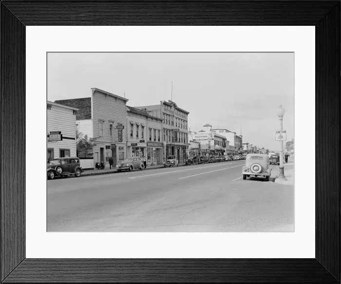 Framed Print : Up the main street of a valley town, Gilroy, California, 1938. Creator: Dorothea Lange Framed Print : Up the main street of a valley town, Gilroy, California, 1938. Creator: Dorothea Lange
