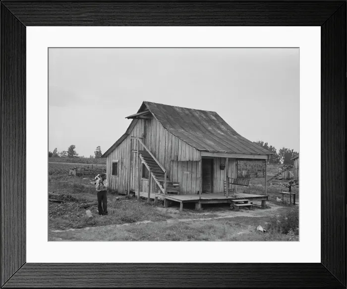 Framed Print : Cottonworker's cabin with outside stairway and loft, near Blytheville, Arkansas, 1937. Creator: Dorothea Lange Framed Print : Cottonworker's cabin with outside stairway and loft, near Blytheville, Arkansas, 1937. Creator: Dorothea Lange