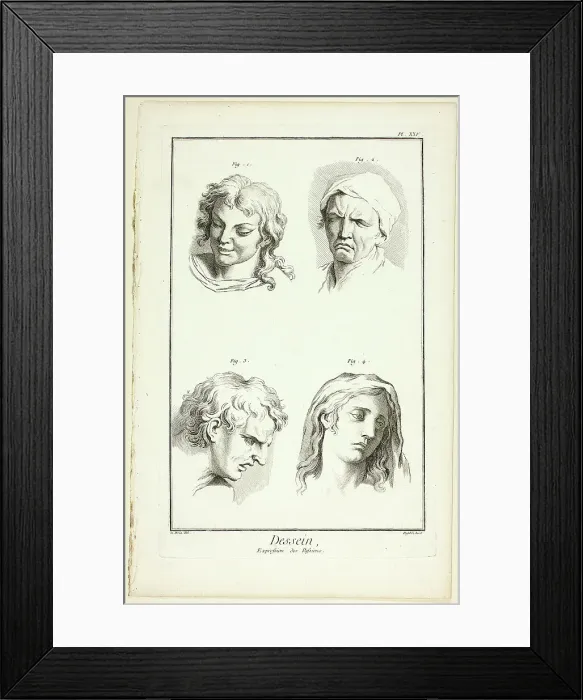 Framed Print : Drawing: Expressions of Emotion (Laughter, Weeping, Compassion, Sadness), from Encyclop... 1762 / 77. Creator: A. J. Defehrt Framed Print : Drawing: Expressions of Emotion (Laughter, Weeping, Compassion, Sadness), from Encyclop... 1762 / 77. Creator: A. J. Defehrt