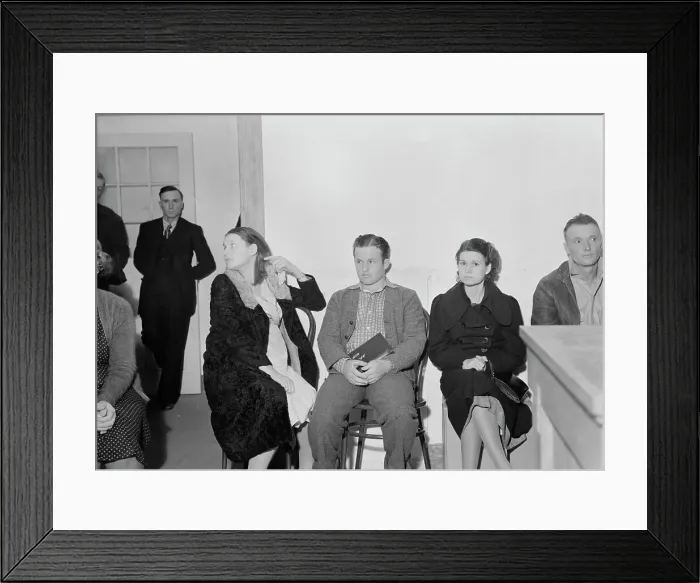 Framed Print : Night meeting in the Farm Security Administration office, Visalia, Tulare County, California, 1938. Creator: Dorothea Lange