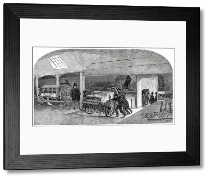 Framed Print : The Annual Exhibition of the Smithfield Club - Bringing in Implements, 1850. Creator: Unknown