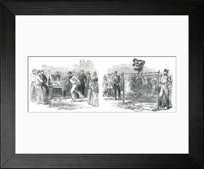 Framed Print : Athletic Games at the Royal Military Academy, Woolwich - Running High Jump, 1850. Creator: Unknown Framed Print : Athletic Games at the Royal Military Academy, Woolwich - Running High Jump, 1850. Creator: Unknown
