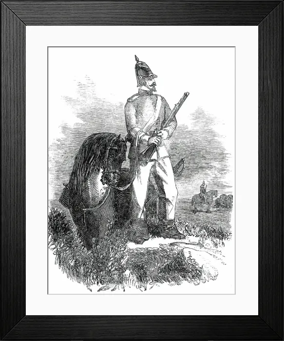 Framed Print : The War in Schleswig - Outpost Duty - the Vidette - Holstein Cavalry-Man, 1850. Creator: Unknown Framed Print : The War in Schleswig - Outpost Duty - the Vidette - Holstein Cavalry-Man, 1850. Creator: Unknown