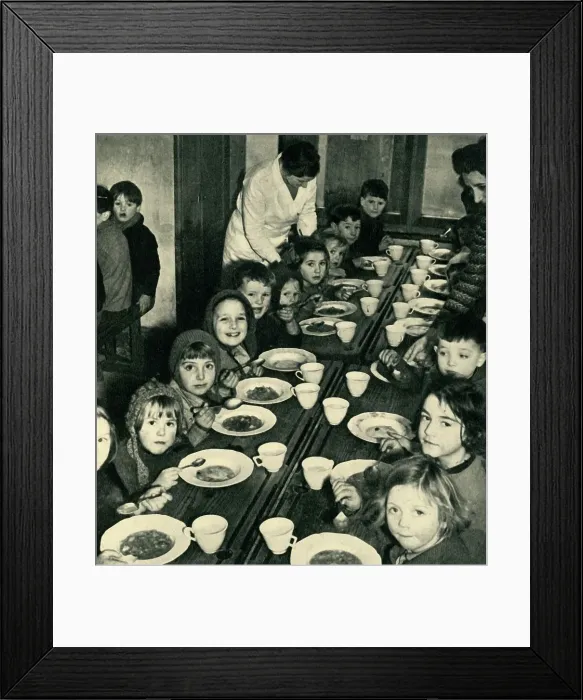 Framed Print : School Dinner for Evacuated Children, 1943. Creator: Unknown Framed Print : School Dinner for Evacuated Children, 1943. Creator: Unknown