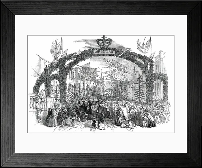 Framed Print : Festivities at Chippenham - the High-Street, from the Bridge - Arrival of Mr. Neeld, M.P. 1850. Creator: Unknown Framed Print : Festivities at Chippenham - the High-Street, from the Bridge - Arrival of Mr. Neeld, M.P. 1850. Creator: Unknown