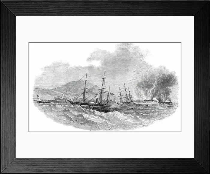 Framed Print : The Cormorant at Anchor, Destroying the Slave-Brigs Serea and Donna Anna, 1850. Creator: Unknown. The Cormorant at Anchor, Destroying the Slave-Brigs Serea and Donna Anna, 1850. Creator: Unknown