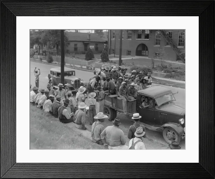 Framed Print : Cotton hoers loading at Memphis, Tennessee for the day's work in Arkansas, 1937. Creator: Dorothea Lange Framed Print : Cotton hoers loading at Memphis, Tennessee for the day's work in Arkansas, 1937. Creator: Dorothea Lange