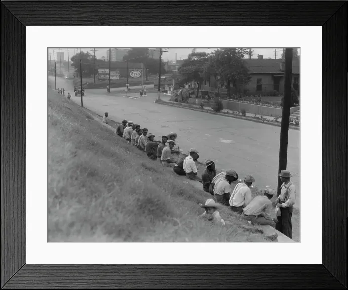 Framed Print : Waiting for the trucks to bring them to the cotton fields, Memphis, Tennessee, 1937. Creator: Dorothea Lange Framed Print : Waiting for the trucks to bring them to the cotton fields, Memphis, Tennessee, 1937. Creator: Dorothea Lange