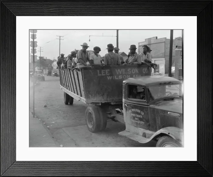Framed Print : Cotton hoers from Memphis bound for the Wilson Plantation in Arkansas, forty-three miles away, 1937. Creator: Dorothea Lange Framed Print : Cotton hoers from Memphis bound for the Wilson Plantation in Arkansas, forty-three miles away, 1937. Creator: Dorothea Lange