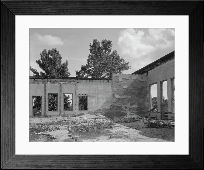 Framed Print : Some of the walls of the bank still stand at Fullerton, Louisiana, abandoned lumber town, 1937. Creator: Dorothea Lange Framed Print : Some of the walls of the bank still stand at Fullerton, Louisiana, abandoned lumber town, 1937. Creator: Dorothea Lange