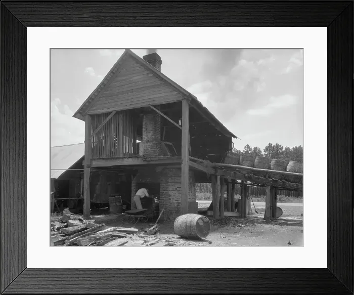 Framed Print : Turpentine still in the Piney Woods near Valdosta, Georgia, 1937. Creator: Dorothea Lange Framed Print : Turpentine still in the Piney Woods near Valdosta, Georgia, 1937. Creator: Dorothea Lange
