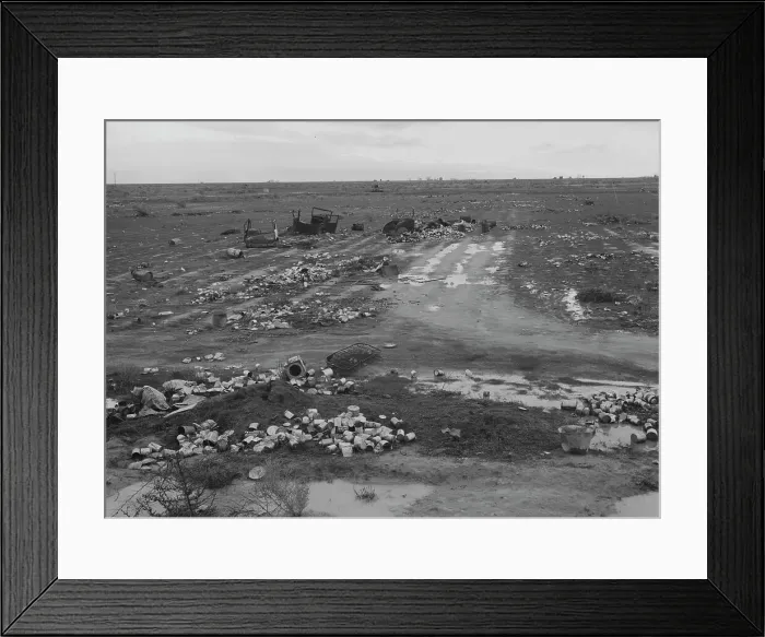 Framed Print : Debris left out on the flats where squatters camp stood, Kern County, 1939. Creator: Dorothea Lange Framed Print : Debris left out on the flats where squatters camp stood, Kern County, 1939. Creator: Dorothea Lange