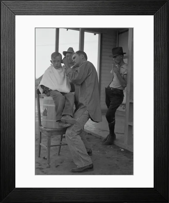 Framed Print : Community barber shop in Kern County migrant camp, California, 1936. Creator: Dorothea Lange Framed Print : Community barber shop in Kern County migrant camp, California, 1936. Creator: Dorothea Lange