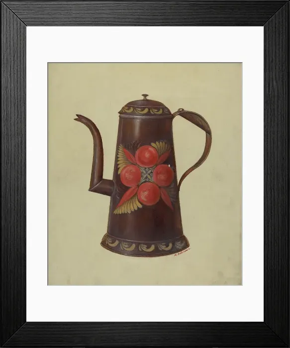 Framed Print : Toleware Tin Coffee Pot, c. 1936. Creator: Max Soltmann Framed Print : Toleware Tin Coffee Pot, c. 1936. Creator: Max Soltmann