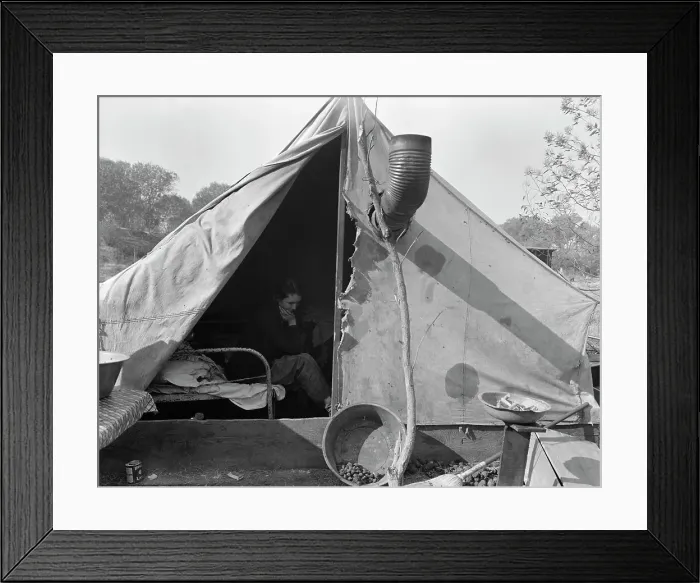 Framed Print : Home of Tennessee family of seven, now migratory workers... outside of Sacramento, California, 1936 Creator: Dorothea Lange Framed Print : Home of Tennessee family of seven, now migratory workers... outside of Sacramento, California, 1936 Creator: Dorothea Lange
