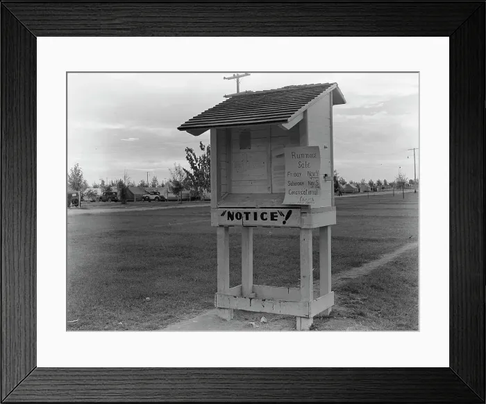 Framed Print : Campers bulletin board near entrance of Shafter camp for migrant workers, California, 1938. Creator: Dorothea Lange Framed Print : Campers bulletin board near entrance of Shafter camp for migrant workers, California, 1938. Creator: Dorothea Lange