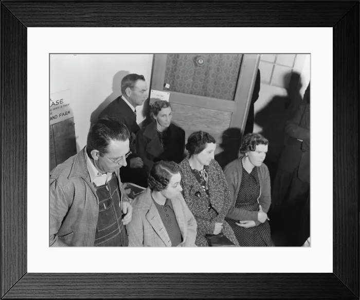 Framed Print : Night meeting in the FSA office, Visalia, Tulare County, California, 1938. Creator: Dorothea Lange Framed Print : Night meeting in the FSA office, Visalia, Tulare County, California, 1938. Creator: Dorothea Lange