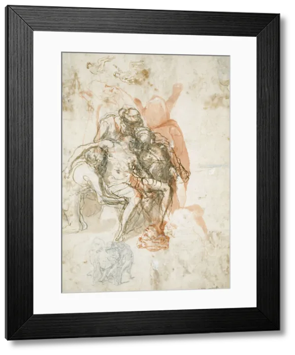 Framed Print : Three Figures Supporting a Man, Smaller Sketch of the Same, and Studies for the... c.1558. Creator: Taddeo Zuccaro Framed Print : Three Figures Supporting a Man, Smaller Sketch of the Same, and Studies for the... c.1558. Creator: Taddeo Zuccaro