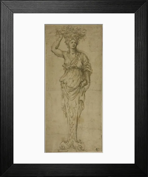 Framed Print : Caryatid (r); Three Sketches: Two Caryatids, Pair of Putti Standing on Globe (v), 17th century. Creator: Unknown Framed Print : Caryatid (r); Three Sketches: Two Caryatids, Pair of Putti Standing on Globe (v), 17th century. Creator: Unknown