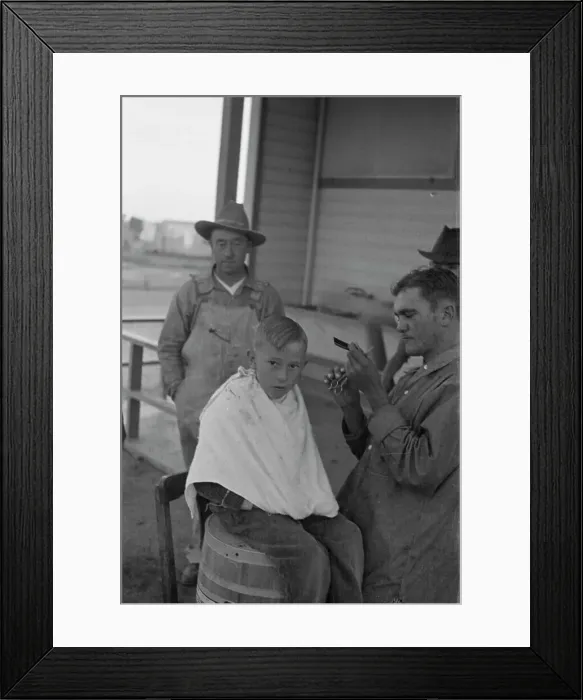 Framed Print : Community barber shop in Kern County migrant camp, California, 1936. Creator: Dorothea Lange Framed Print : Community barber shop in Kern County migrant camp, California, 1936. Creator: Dorothea Lange