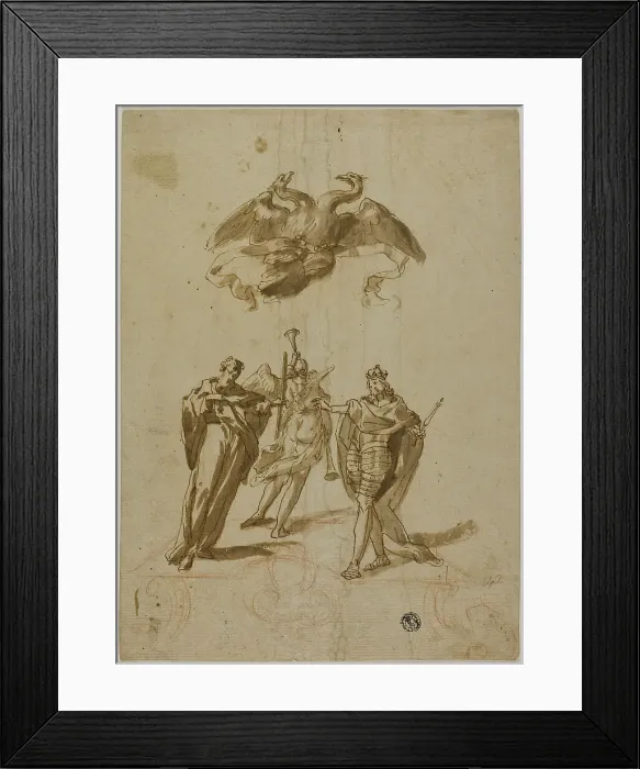 Framed Print : Allegorical Subject: Two-headed Imperial Eagle on Clouds; On Ground, a Draped... 16th century. Creator: Unknown Framed Print : Allegorical Subject: Two-headed Imperial Eagle on Clouds; On Ground, a Draped... 16th century. Creator: Unknown
