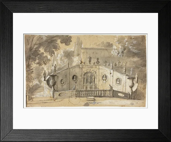 Framed Print : Staircase and Fountain (recto); Seated Male Nude in Profile to Left, Looking Upward (verso), n.d. Creator: Unknown Framed Print : Staircase and Fountain (recto); Seated Male Nude in Profile to Left, Looking Upward (verso), n.d. Creator: Unknown