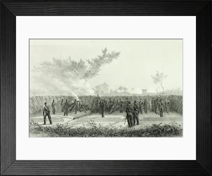 Framed Print : Battery No.1 opens fire, from Souvenirs d'Italie: Expédition de Rome, 1854. Creator: Auguste Raffet Framed Print : Battery No.1 opens fire, from Souvenirs d'Italie: Expédition de Rome, 1854. Creator: Auguste Raffet