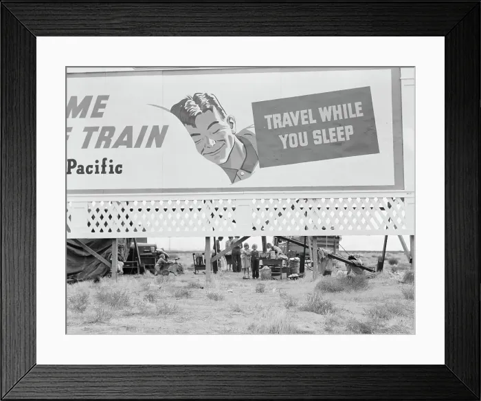 Framed Print : Billboard along U.S. 99 behind which three destitute families... Kern County, California, 1938. Creator: Dorothea Lange Framed Print : Billboard along U.S. 99 behind which three destitute families... Kern County, California, 1938. Creator: Dorothea Lange