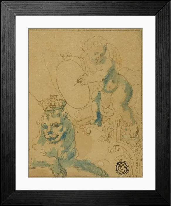Framed Print : Section of Ceiling Decoration with Cupid with Scroll and Lion with Crown, n.d. Creator: Unknown Framed Print : Section of Ceiling Decoration with Cupid with Scroll and Lion with Crown, n.d. Creator: Unknown