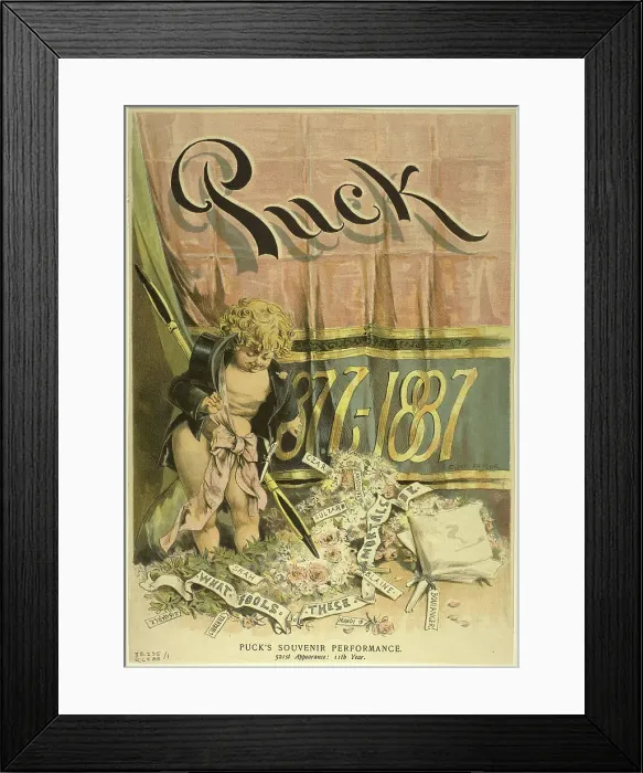 Framed Print : Puck's Souvenir Performance, from Puck, published March 2, 1887. Creator: Charles Jay Taylor Framed Print : Puck's Souvenir Performance, from Puck, published March 2, 1887. Creator: Charles Jay Taylor