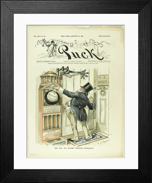 Framed Print : The Way We Become Senators Nowadays, from Puck, 1890. Creator: Charles Jay Taylor Framed Print : The Way We Become Senators Nowadays, from Puck, 1890. Creator: Charles Jay Taylor