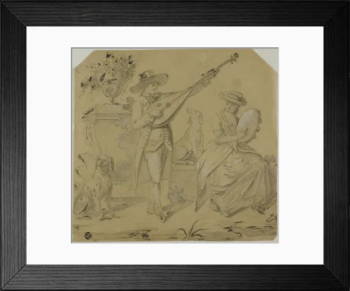 Framed Print : Man Playing Lute and Woman Playing Tamborine, n.d. Creator: Unknown Framed Print : Man Playing Lute and Woman Playing Tamborine, n.d. Creator: Unknown