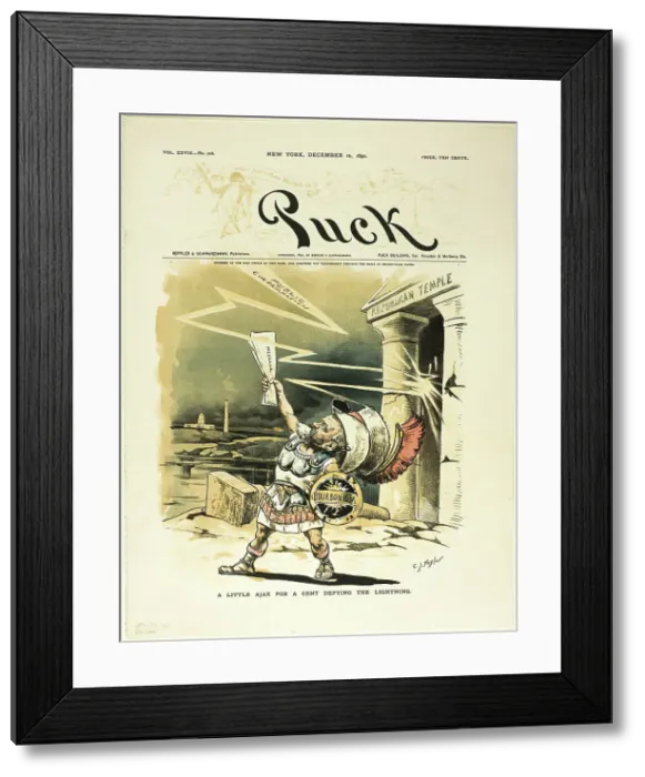 Framed Print : A Little Ajax for a Cent Defying the Lightning, from Puck, published December 10, 1890. Creator: Charles Jay Taylor