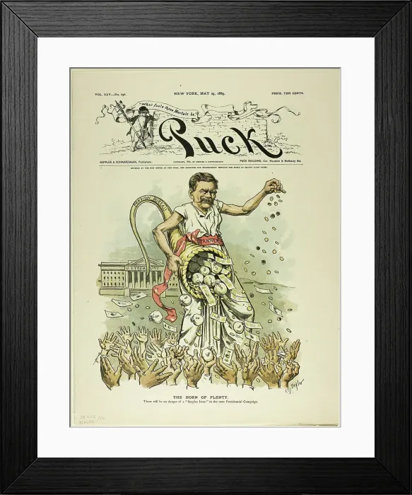 Framed Print : The Horn of Plenty, from Puck, published May 29, 1889. Creator: Charles Jay Taylor Framed Print : The Horn of Plenty, from Puck, published May 29, 1889. Creator: Charles Jay Taylor