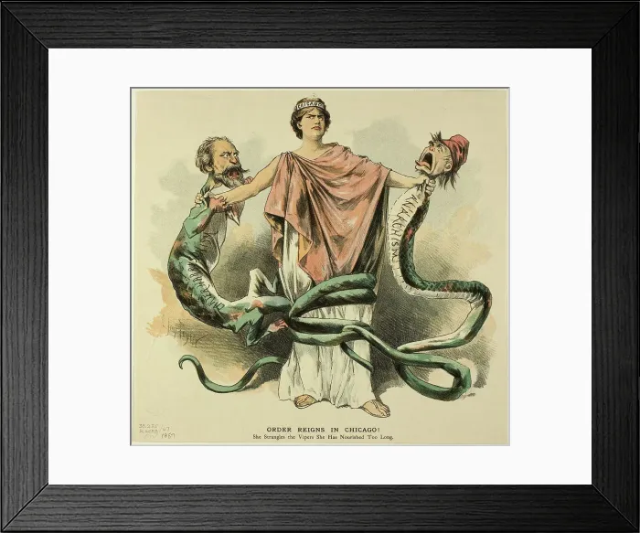 Framed Print : Order Reigns in Chicago!, from Puck, published April 18, 1887. Creator: Charles Jay Taylor Framed Print : Order Reigns in Chicago!, from Puck, published April 18, 1887. Creator: Charles Jay Taylor