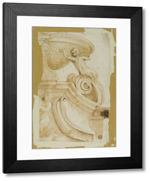 Framed Print : Design for Architrave with Ornamental Scrollwork, Satyr, and Sea Nymph, n.d. Creator: Unknown Framed Print : Design for Architrave with Ornamental Scrollwork, Satyr, and Sea Nymph, n.d. Creator: Unknown