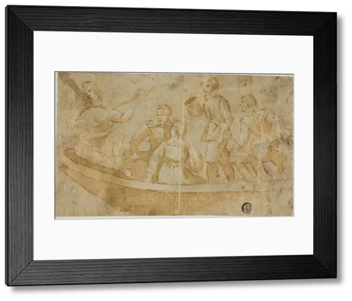 Framed Print : Three Men, Woman and Luteplayer in Boat, n.d. Creator: Unknown
