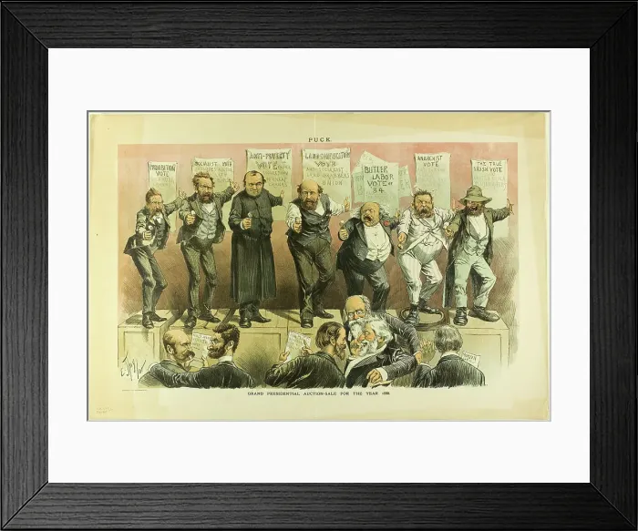 Framed Print : Grand Presidential Auction Sale, from Puck, 1888. Creator: Charles Jay Taylor Framed Print : Grand Presidential Auction Sale, from Puck, 1888. Creator: Charles Jay Taylor