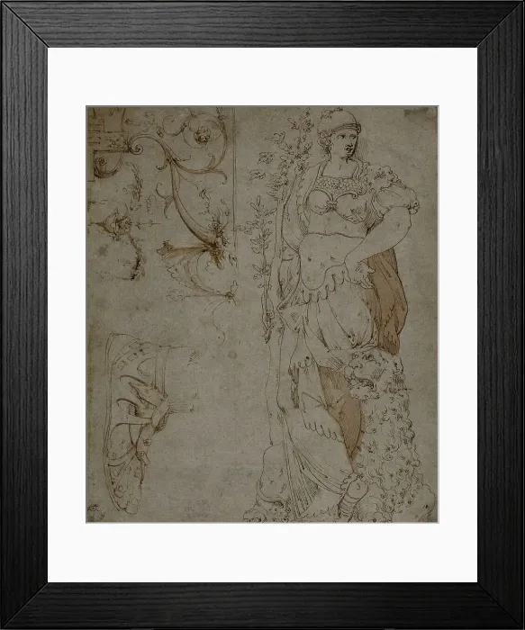 Framed Print : Three Sketches: Fortitude, a Sandal, and Grotesques (recto); Sketches of Grotesques... 1560 / 69. Creator: Unknown Framed Print : Three Sketches: Fortitude, a Sandal, and Grotesques (recto); Sketches of Grotesques... 1560 / 69. Creator: Unknown
