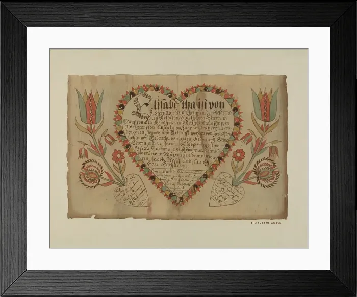 Framed Print : Pa. German Birth Certificate, c. 1939. Creator: Charlotte Angus Framed Print : Pa. German Birth Certificate, c. 1939. Creator: Charlotte Angus